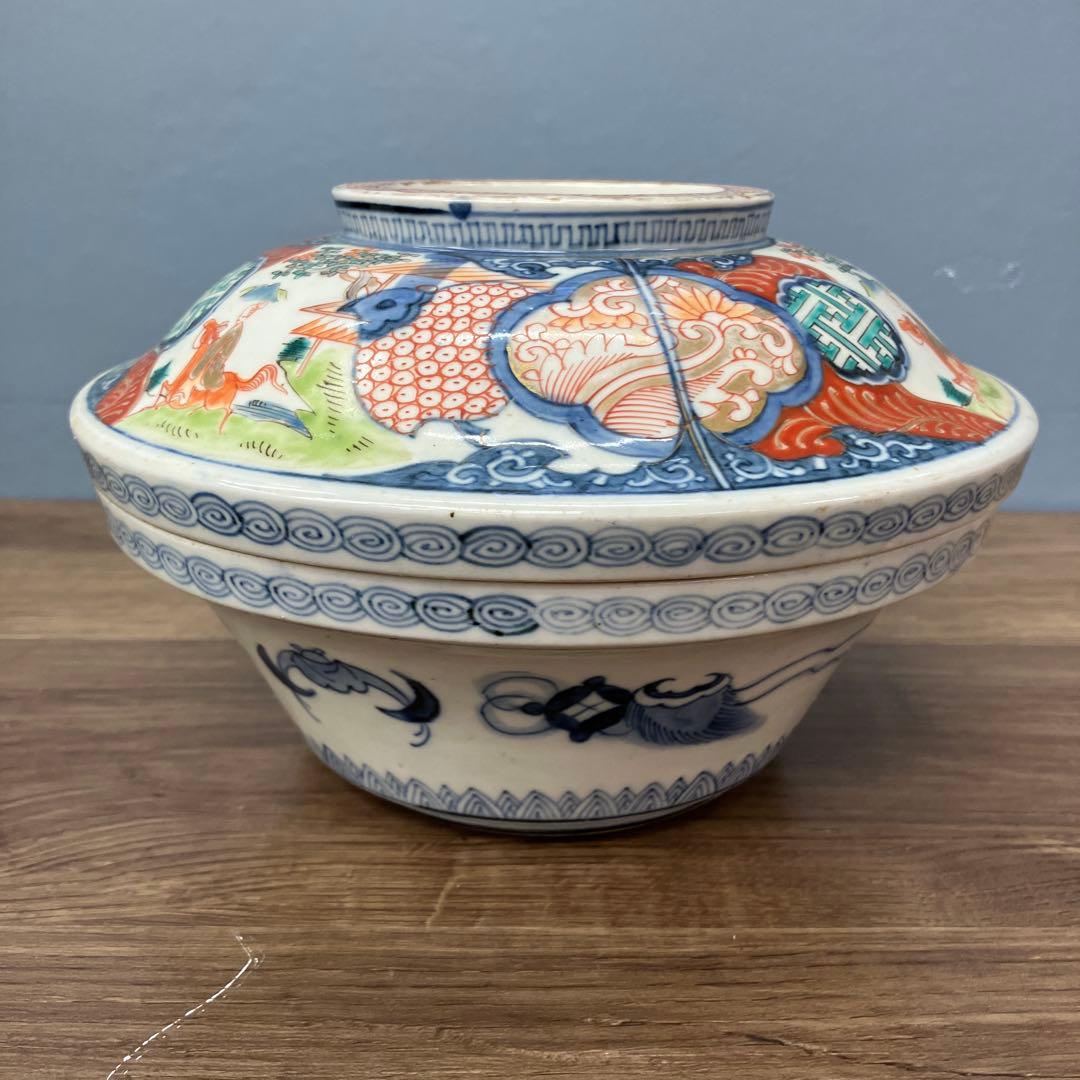 D-4 アンティーク 蓋付き 染付 錦手 鳳凰文様 鉢 時代物 骨董 古美術 丼
