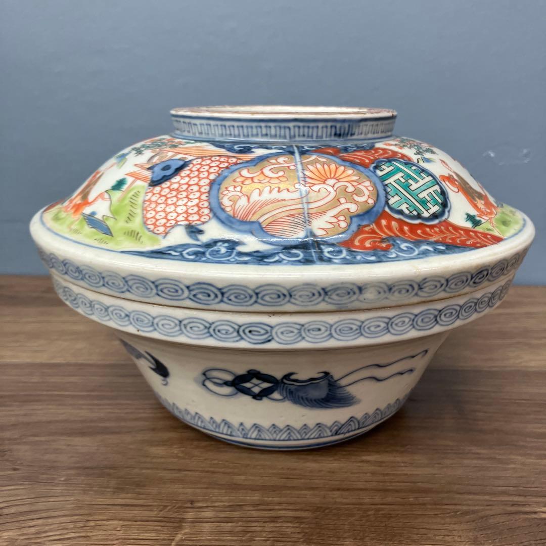 D-4 アンティーク 蓋付き 染付 錦手 鳳凰文様 鉢 時代物 骨董 古美術 丼