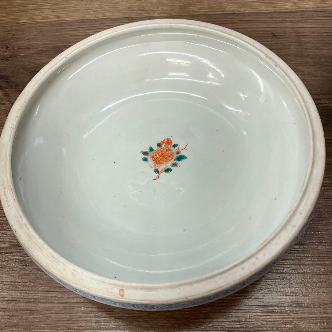 D-4 アンティーク 蓋付き 染付 錦手 鳳凰文様 鉢 時代物 骨董 古美術 丼
