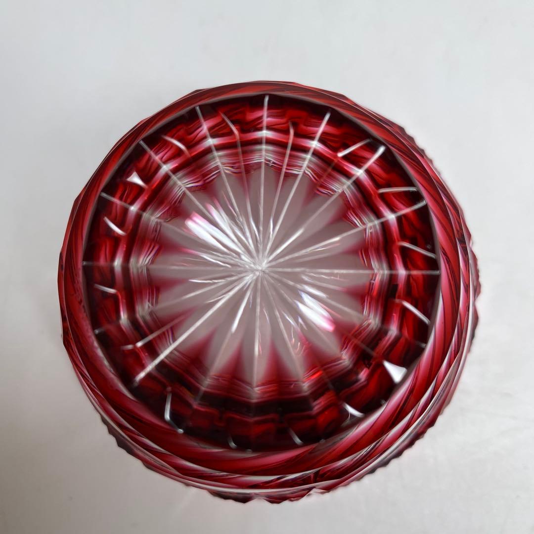 島津磯斎　薩摩切子　ねじり彫　切子小鉢　共箱　h5.7cm/口径7.9cm