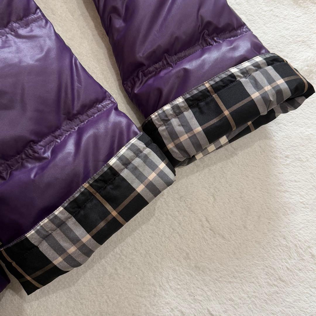 バーバリーブルーレーベル　ダウンコート　チェック　フード　ファー　パープル　L