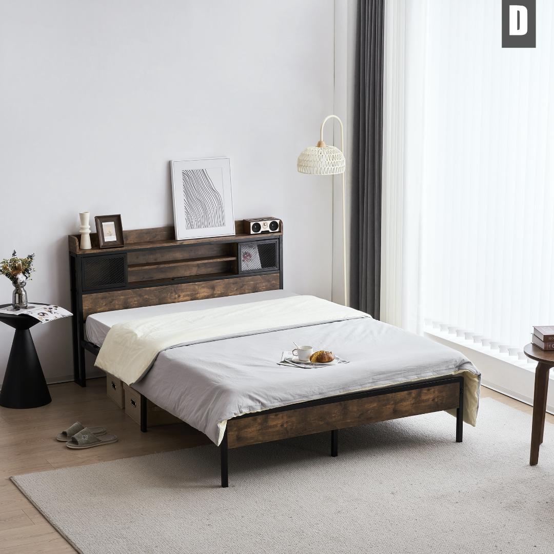 数量限定！D・ダブル　高級ベッドフレーム・コンセント付き　BROWN