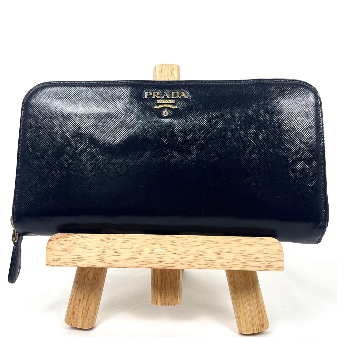 プラダ　長財布　ロゴプレート　サフィアーノ　ラウンドファスナー　バイカラー　美品