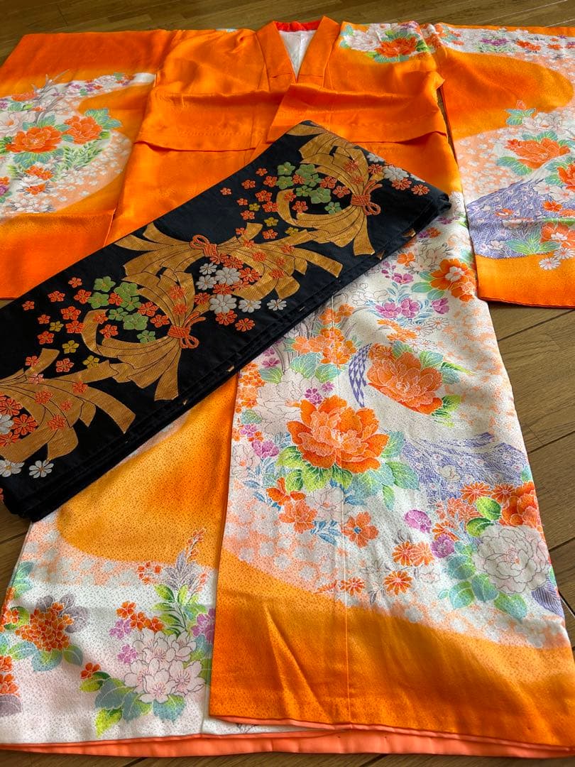 七五三　７歳　着物帯セット　朱色系　レトロ