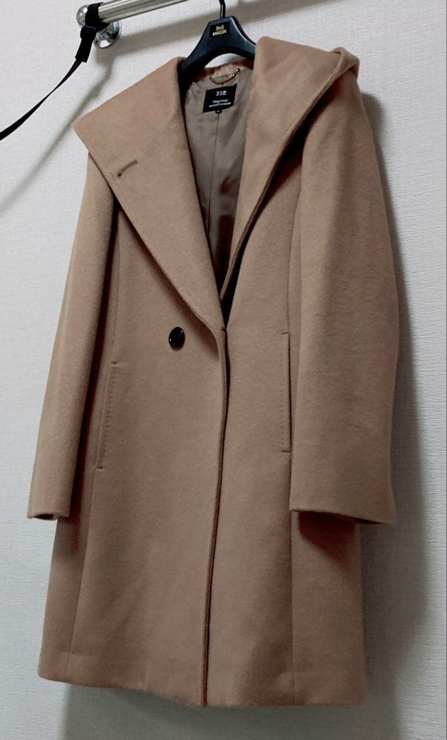 美品　23区　羊毛✖️アンゴラ　ビーバーフーデットコート　キャメル40 Lサイズ