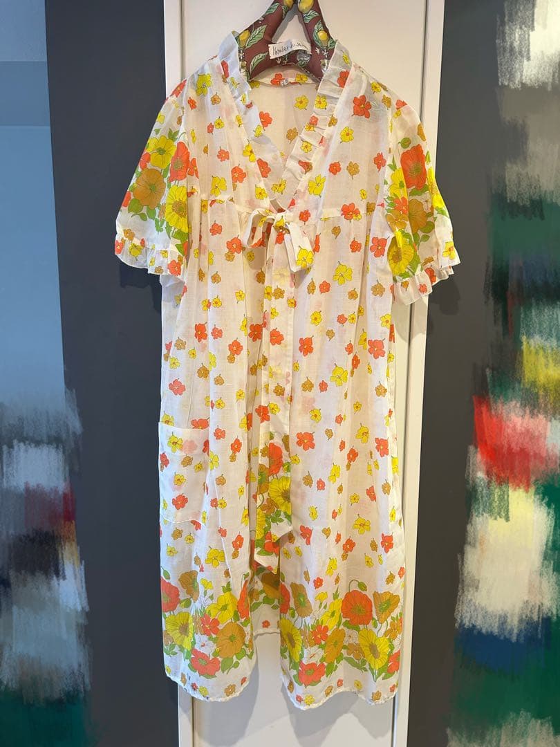 60 70 古着　ポッピーフラワープリント五分袖ラングブラウス