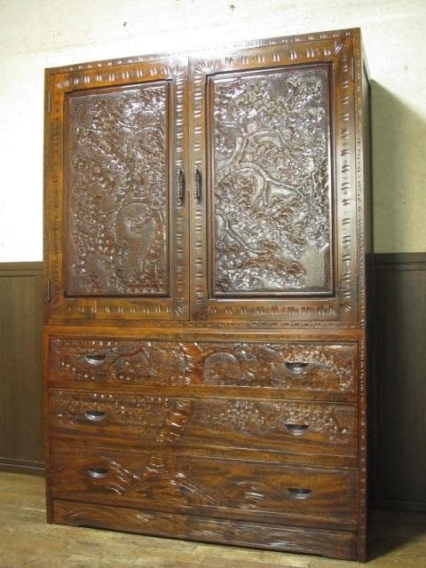 伝統工芸 軽井沢彫り 栃 無垢材 桜 彫刻 和箪笥/衣装箪笥/整理箪笥/着物箪笥