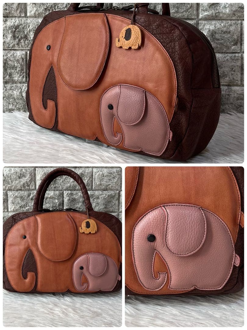 【極美品】イビサ　ぞう親子モチーフ　レザー　ボストンバッグ