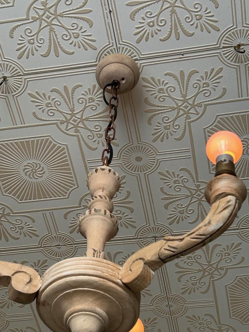 フランスアンティーク　木製シャンデリア　３灯　シャビー　店舗什器