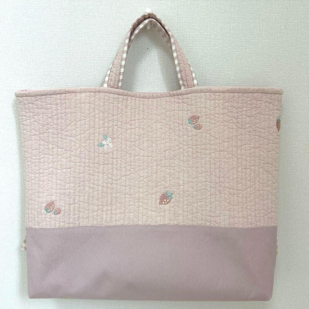 入園入学3点セット　【いちごピンクヌビ×くすみピンクチェック】　女の子　裏地なし