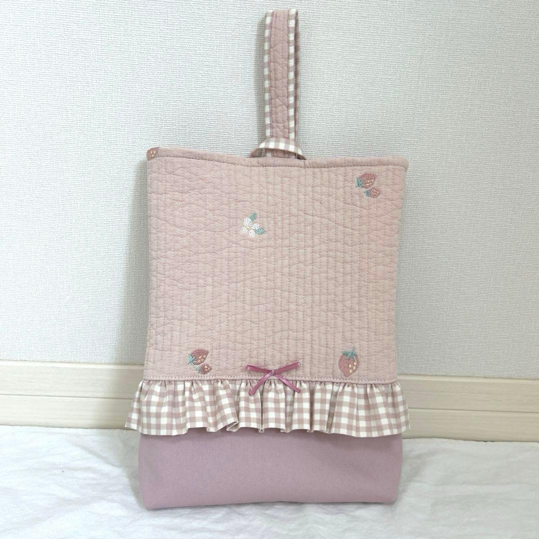 入園入学3点セット　【いちごピンクヌビ×くすみピンクチェック】　女の子　裏地なし