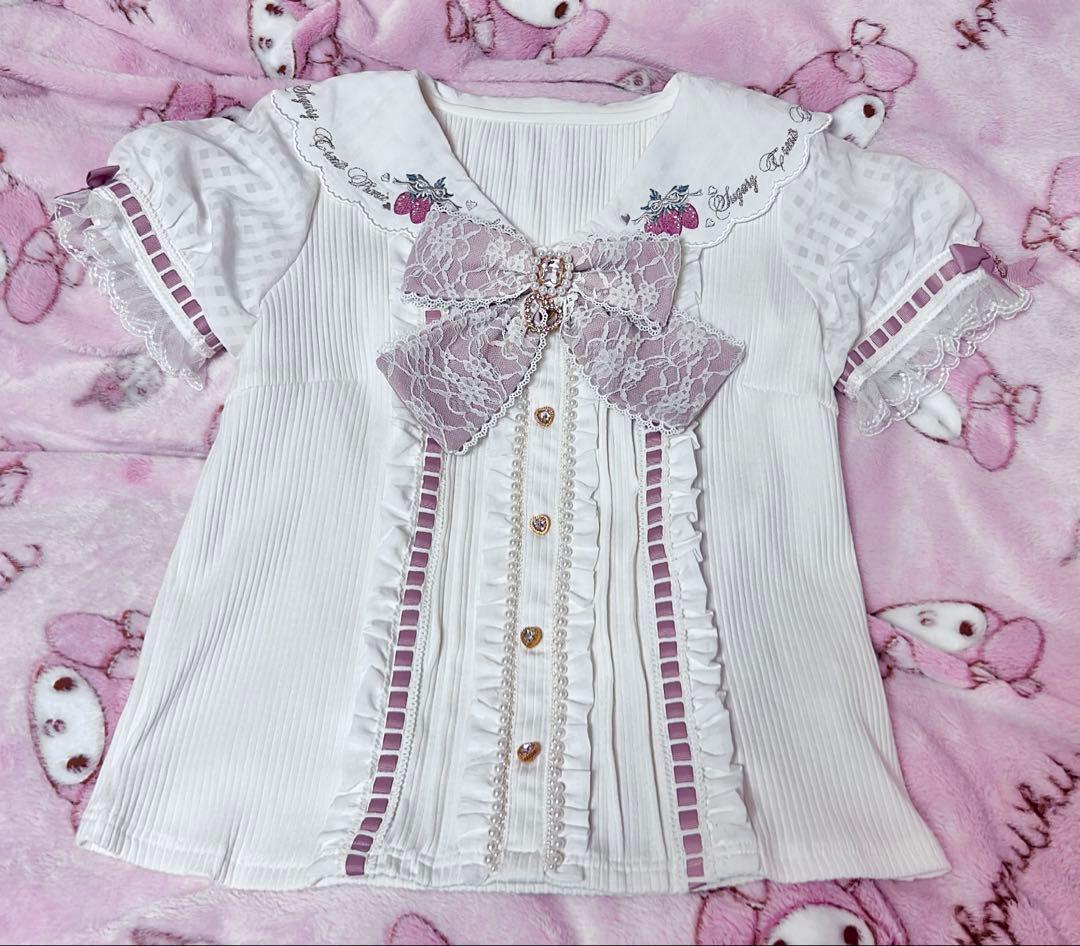 LIZLISA リズリサ ストロベリー刺繍セーラーリブブラウス ピンク