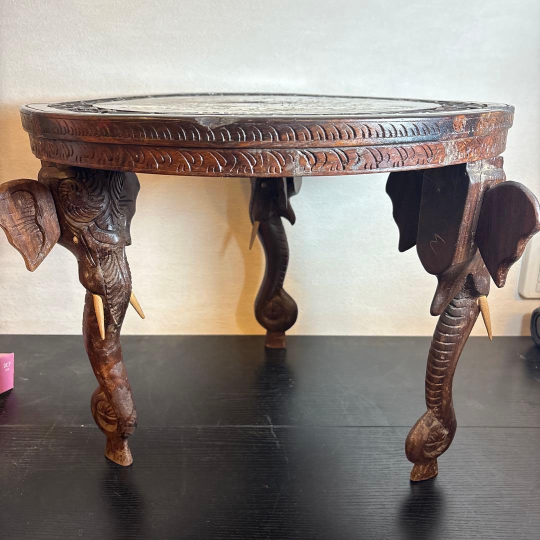 象彫刻 アジアン調 ラウンドテーブル 木製 中古