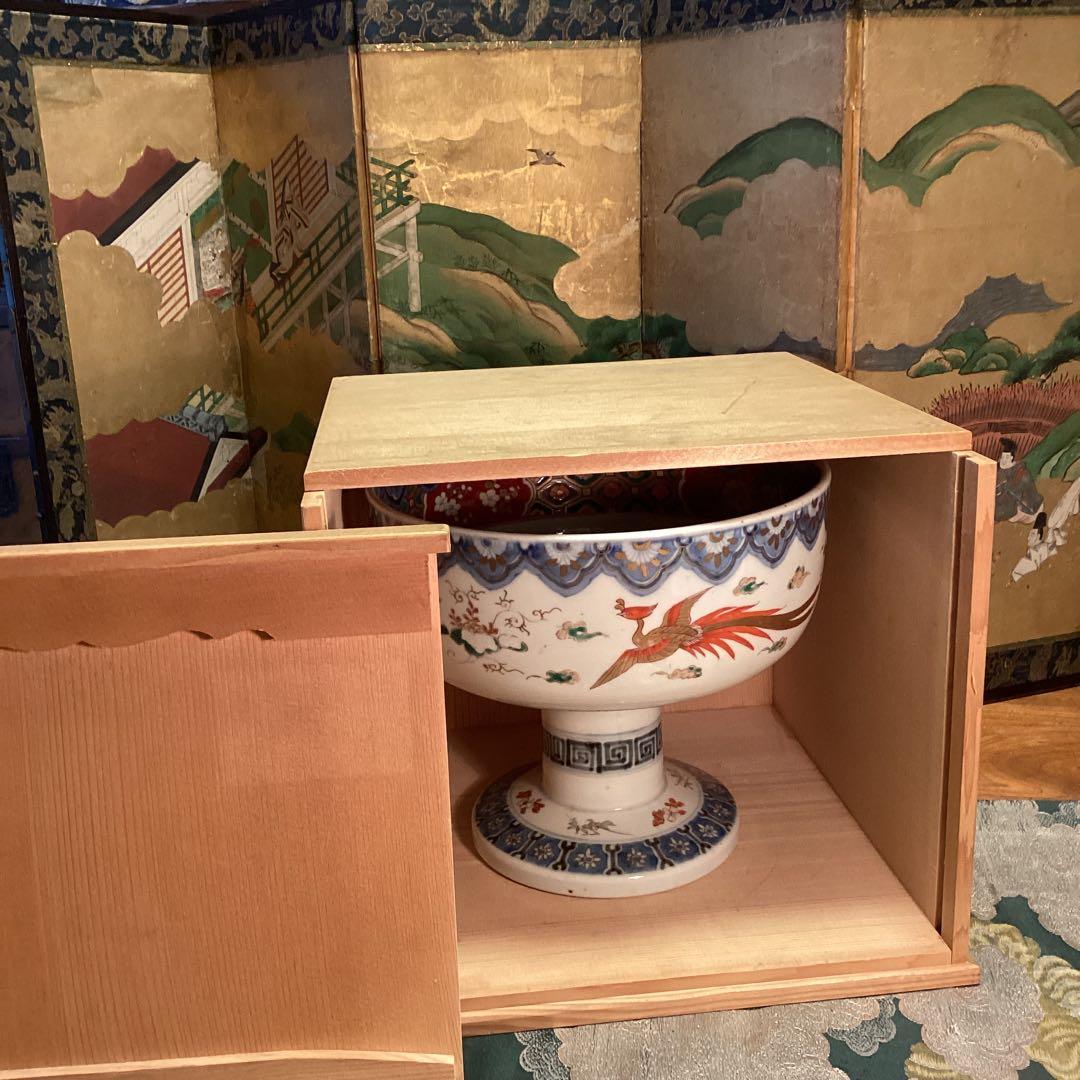 A1030 古伊万里　染錦手　見込宝船　鳳凰紋様　盃洗　　1客（箱付）