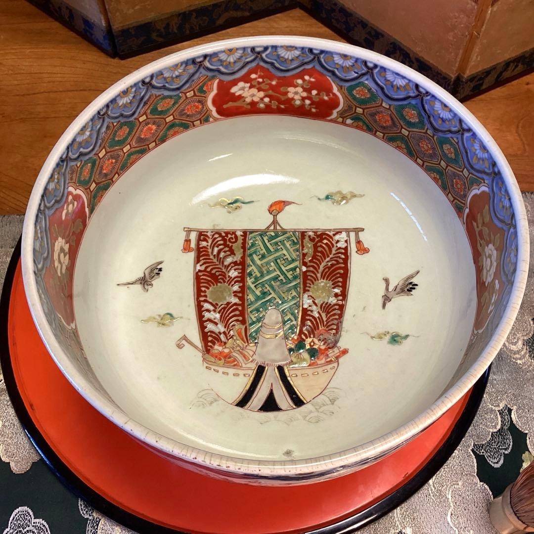 A1030 古伊万里　染錦手　見込宝船　鳳凰紋様　盃洗　　1客（箱付）