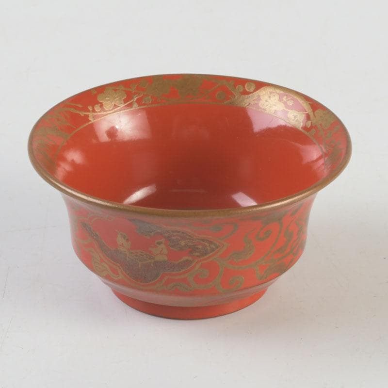 時代根来　朱塗　山水人物蒔絵　杯　盃　在銘　共箱　C　9394