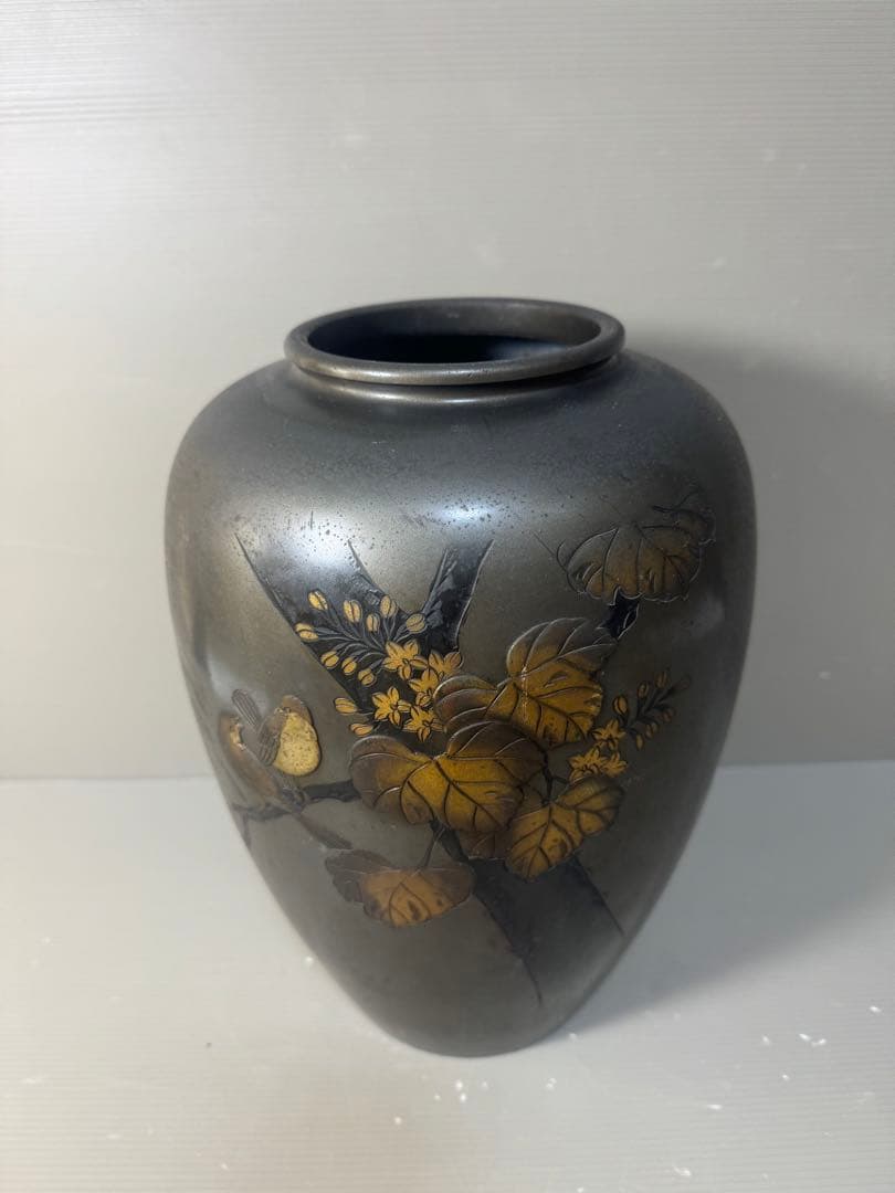 2643 高岡銅器 銅花瓶 希少 金銀象嵌 鳥花文図