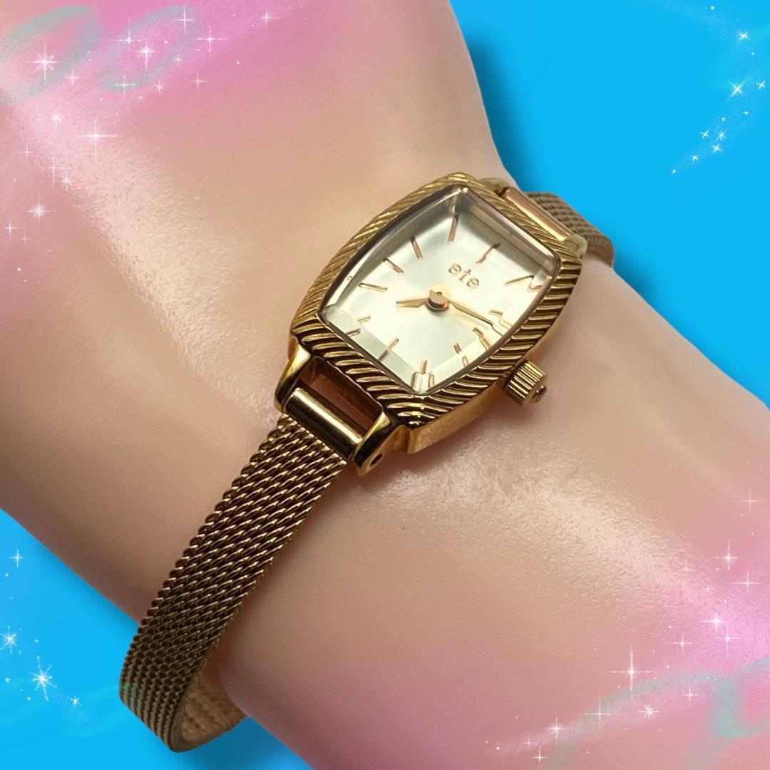 《美品 稼働品》 エテ レディース腕時計 トノー型 カットガラス クオーツ