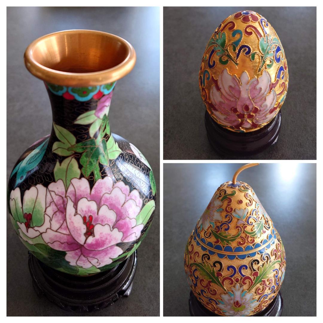 中国工芸品 景泰蓝 花瓶・梨・玉子 置物 3点セット 七宝焼