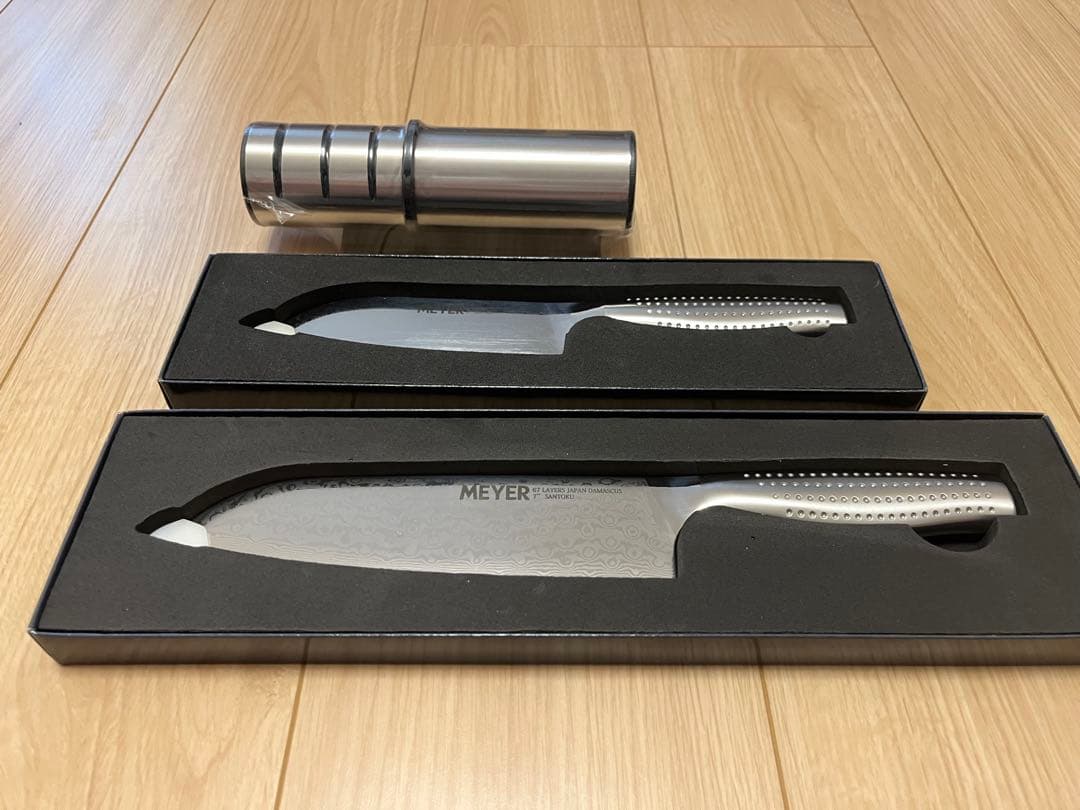 【新品】マイヤー 包丁ダマスカス三徳包丁＆ミニ三徳包丁&シャープナープラスセット
