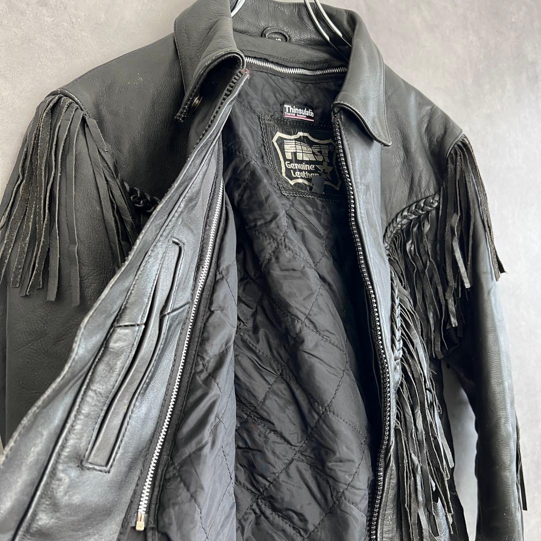 古着 本革フリンジライダースジャケット ヴィンテージ レザー ブラック 10号