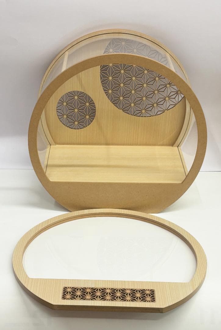 ケースのみ 桧ナチュラル 麻の葉レーザー彫刻 30丸型前開きアクリルケース