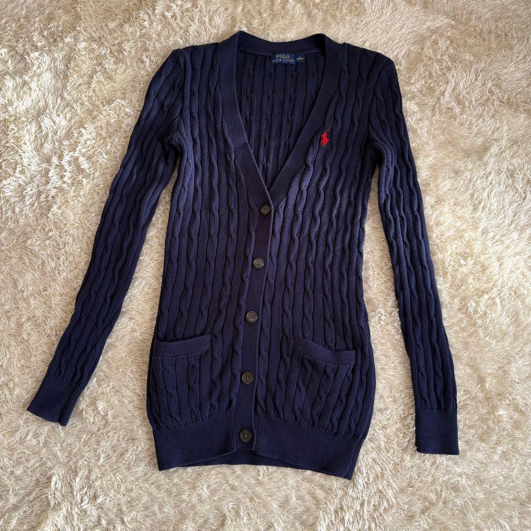 数回着 ラルフローレン コットンケーブルニットカーディガン ネイビー 定番