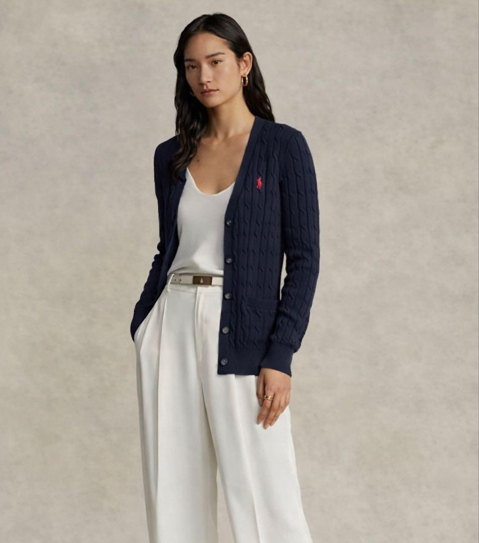 数回着 ラルフローレン コットンケーブルニットカーディガン ネイビー 定番