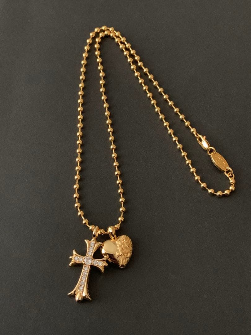 22k クロス　ハート　ボールチェーンネックレス　50㎝