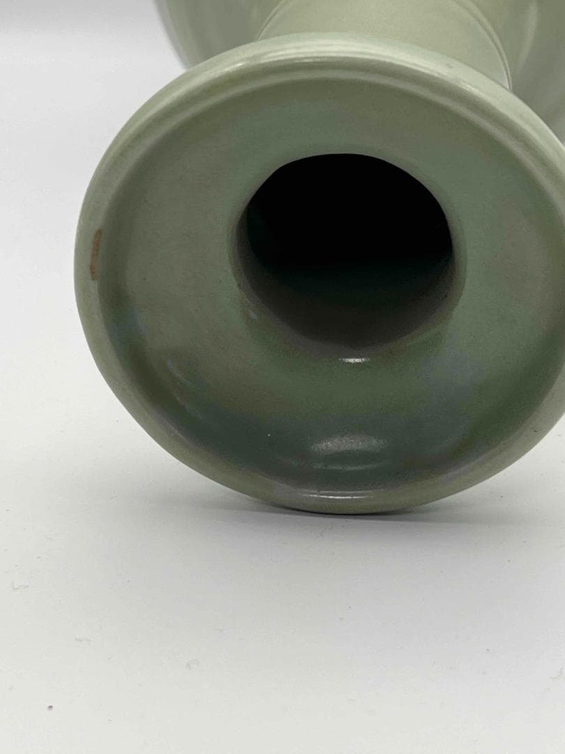 南宋時代　龍泉窯　 梅子青 青磁弦文盤口瓶 花入　花瓶　茶道具(E-81)