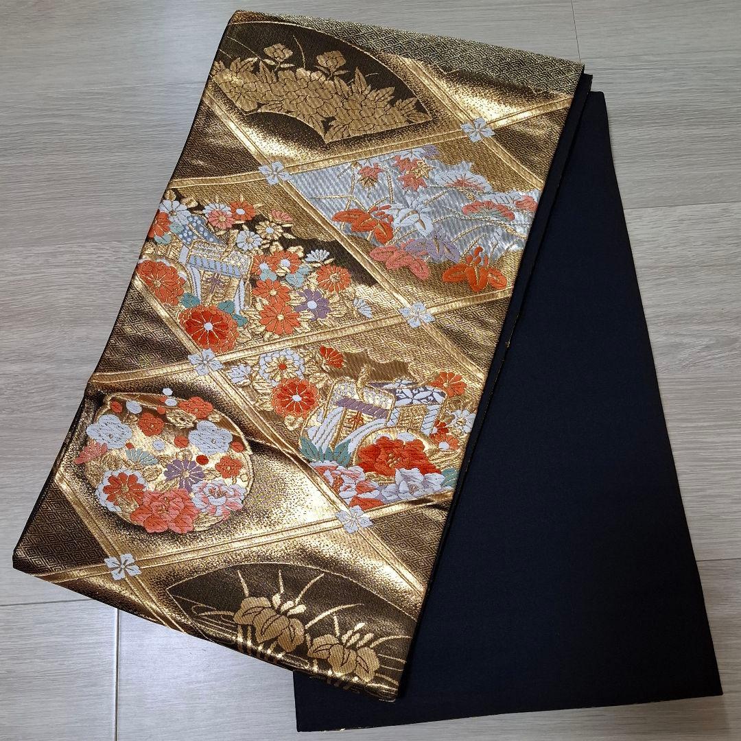 振り袖・帯２点セット　正絹 古典柄 綸子地　 舞華袋帯御所車　草花金糸刺