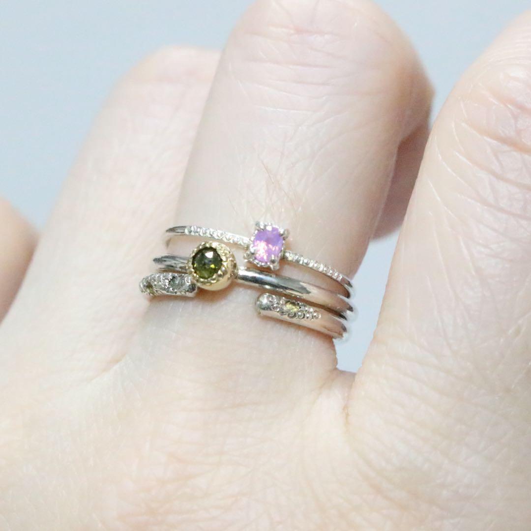 ローズカットのトリートモスグリーンダイヤモンドK10シルバーリング11号