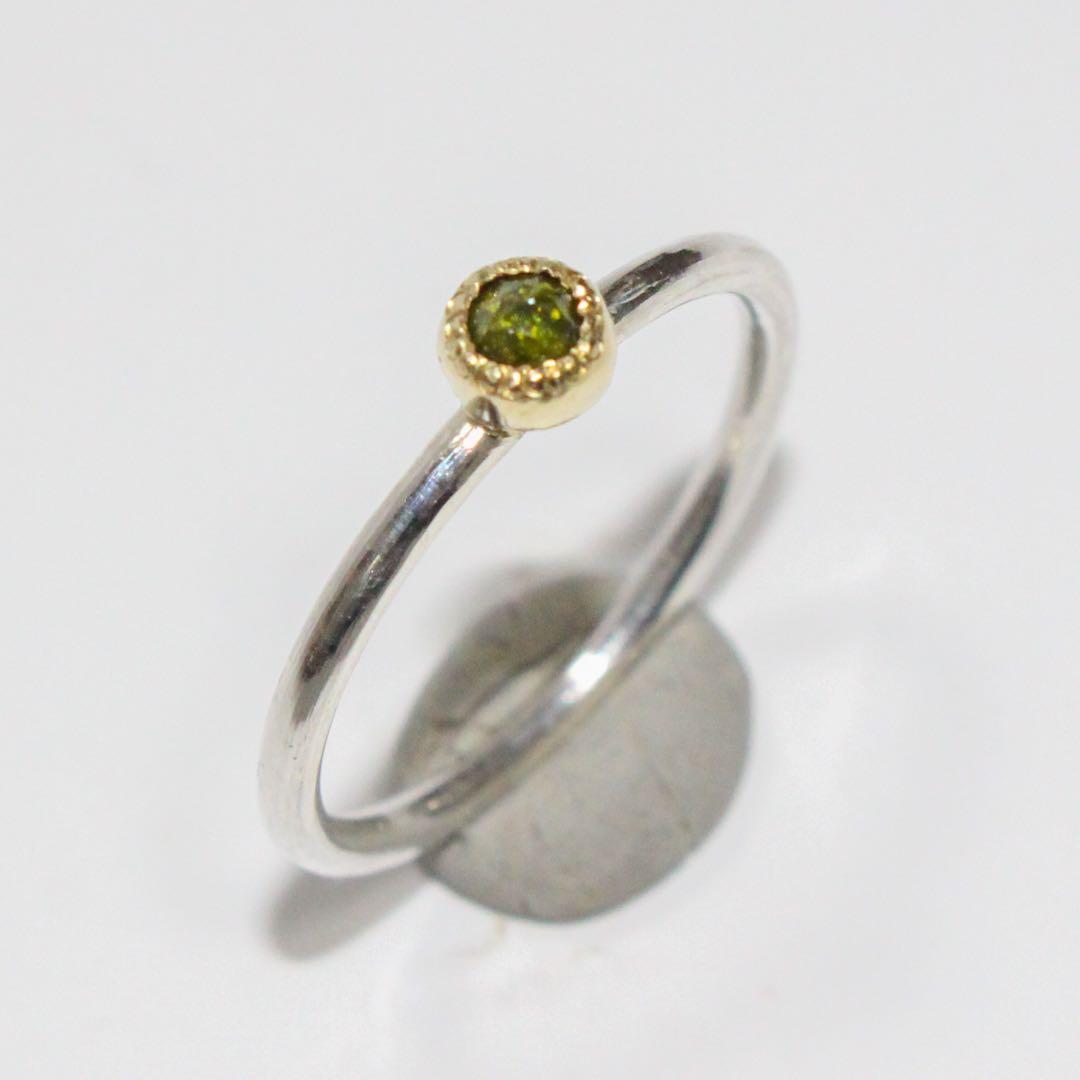 ローズカットのトリートモスグリーンダイヤモンドK10シルバーリング11号