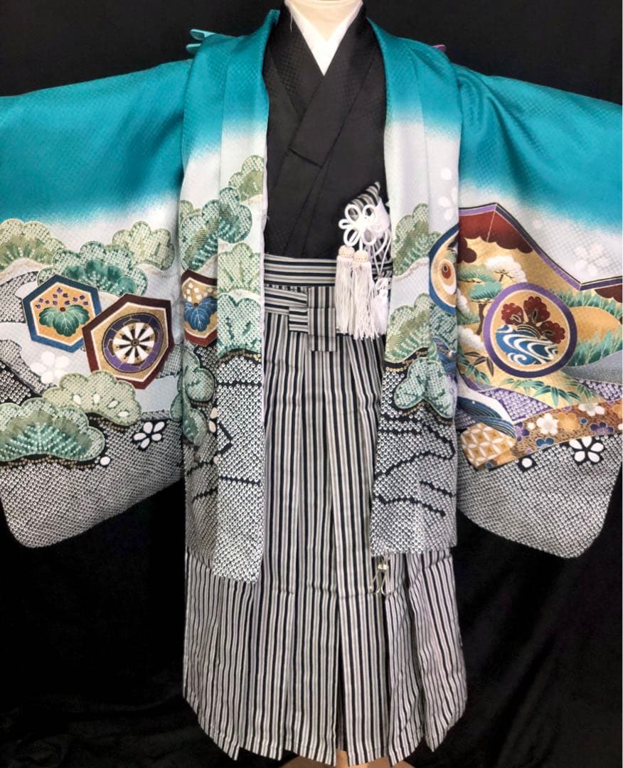 七五三　5歳　男の子　日本製　刺繍　絞り柄　羽織　着物　袴　セット　男児　五歳