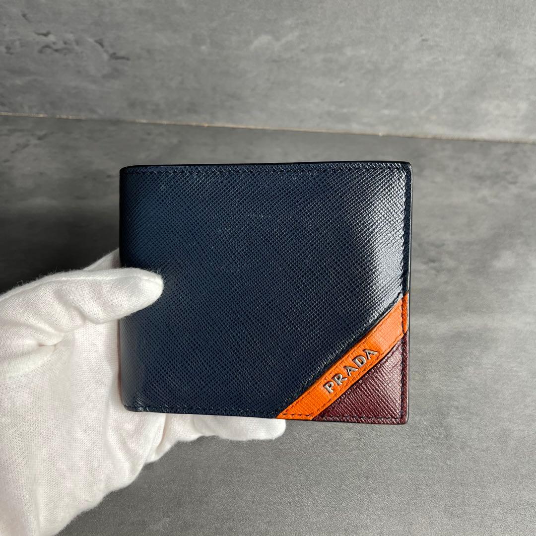 PRADA プラダ 二つ折り財布 小銭入れ付き サフィアーノレザー ネイビー