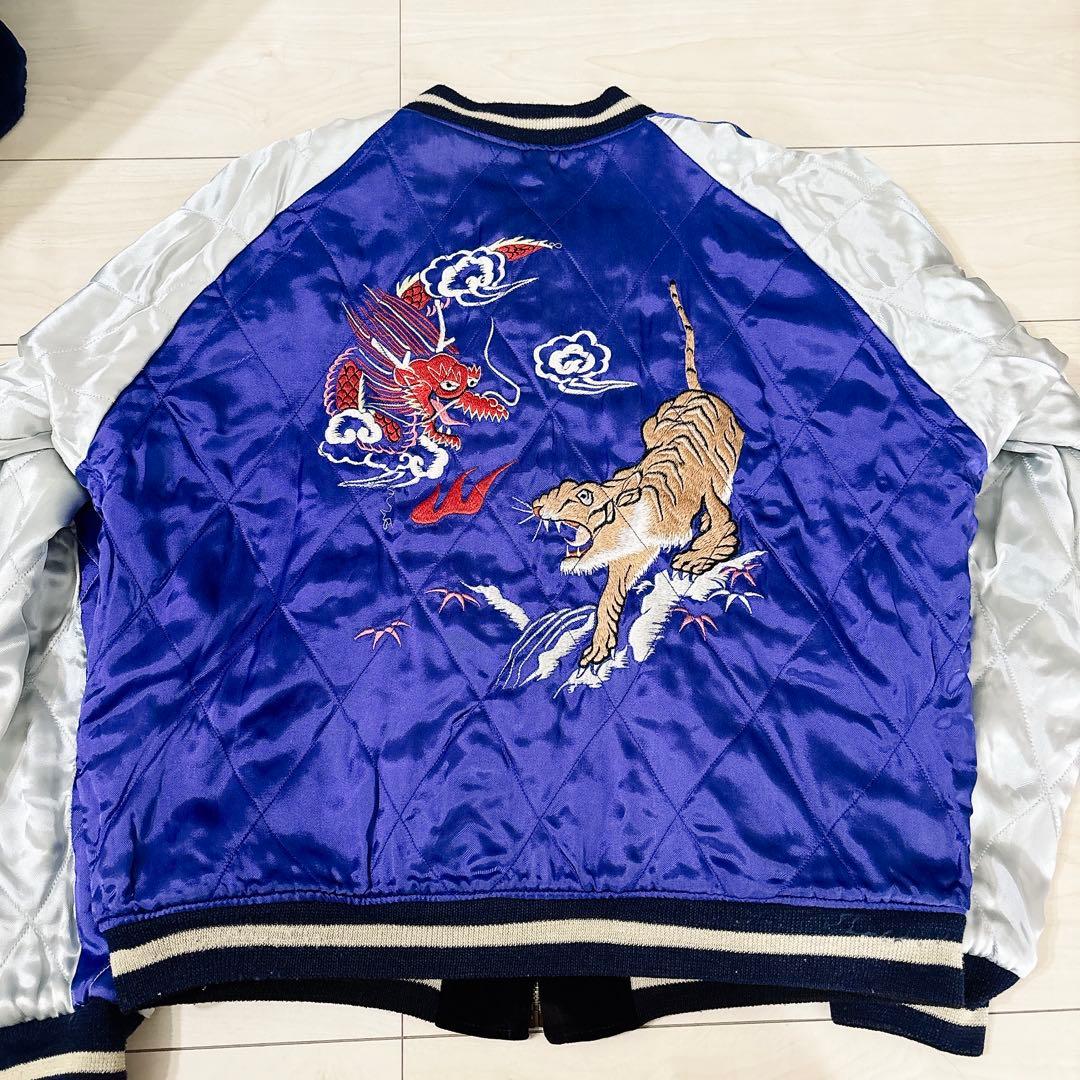 WAREHOUSE 別珍 スカジャン 鷹×虎×龍 刺繍 リバーシブル 黒×青