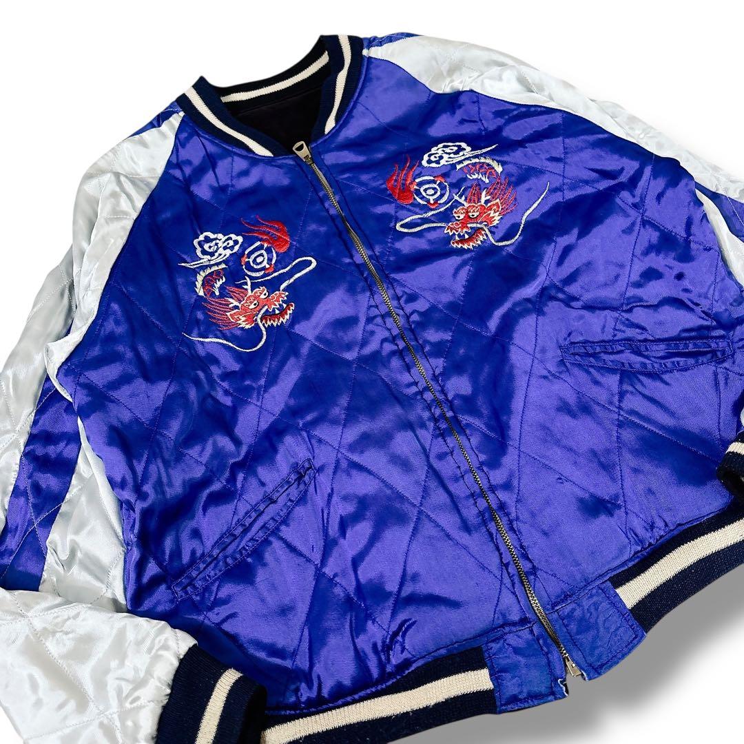 WAREHOUSE 別珍 スカジャン 鷹×虎×龍 刺繍 リバーシブル 黒×青