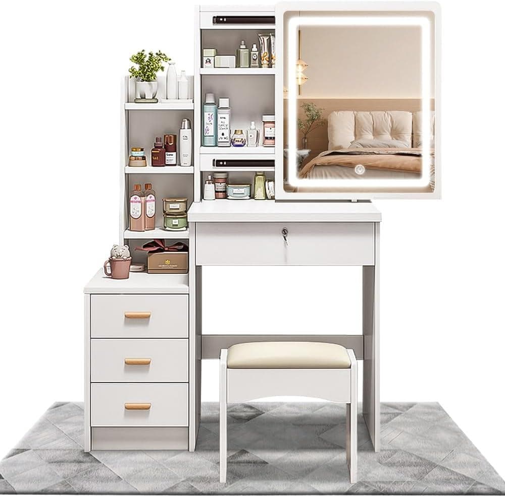 【未使用・美品・即日発送】ドレッサー・鏡台 LEDライト付 収納付き EJ