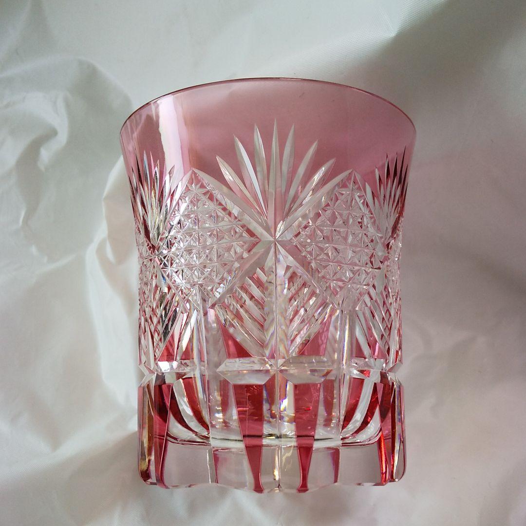 カガミクリスタル 赤被せ切子 麻の葉に笹の葉紋