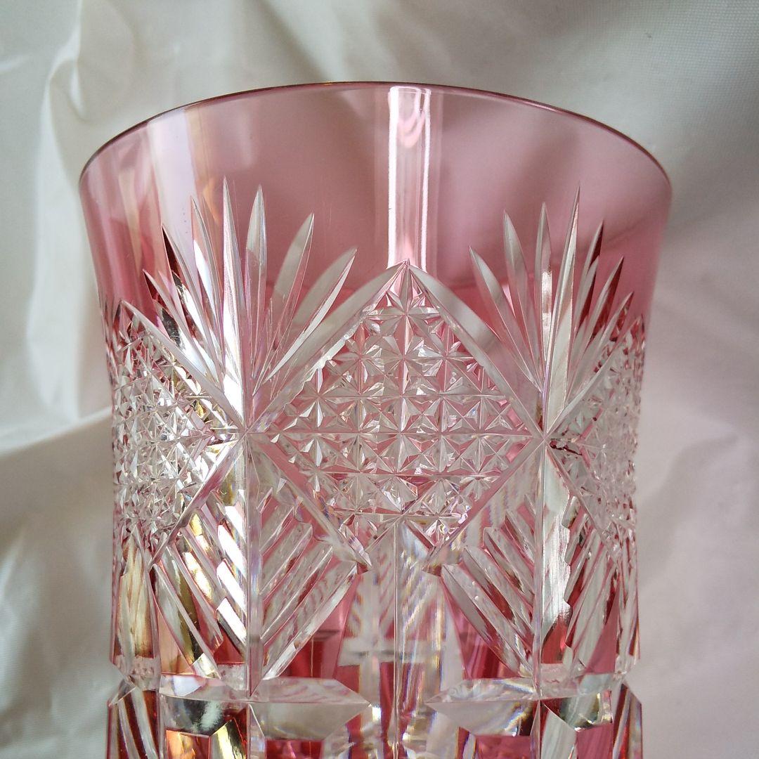 カガミクリスタル 赤被せ切子 麻の葉に笹の葉紋