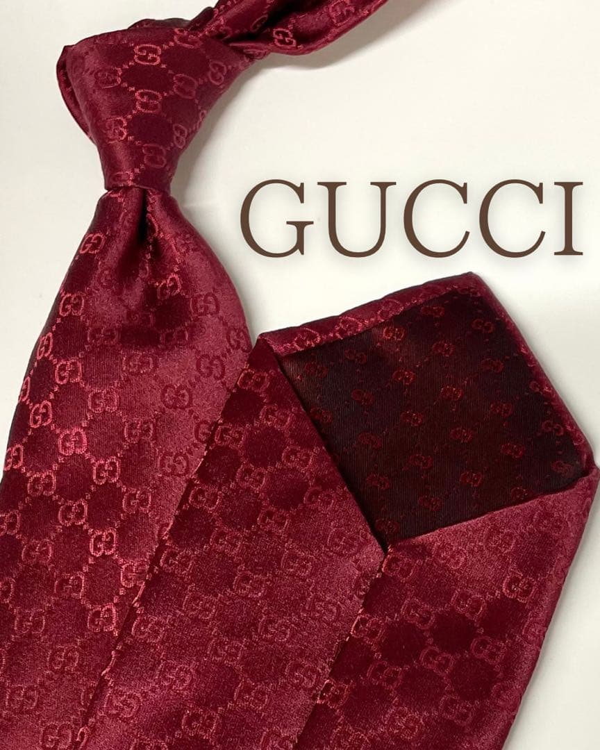 美品 グッチ ハイブランド ネクタイ 総柄 GG ボルドー レッド