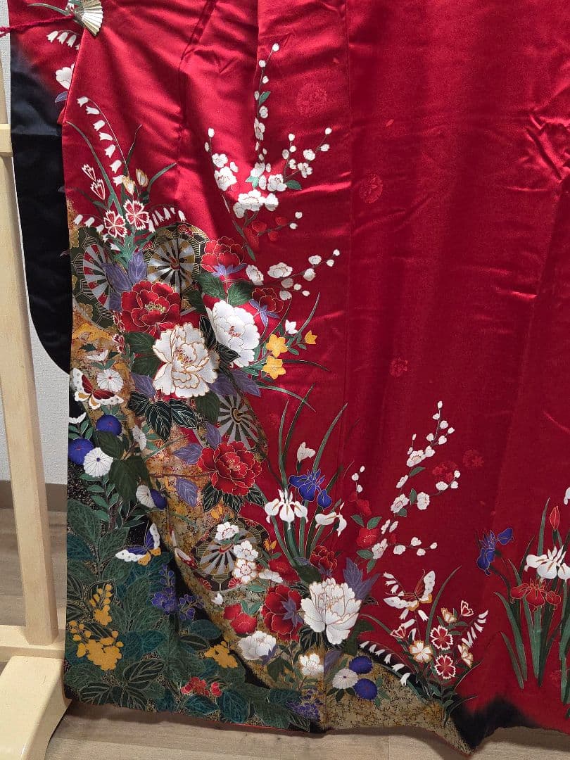 D2 振袖・襦袢セット牡丹の花 金彩 金駒刺繍 袷 正絹 成人式 着物