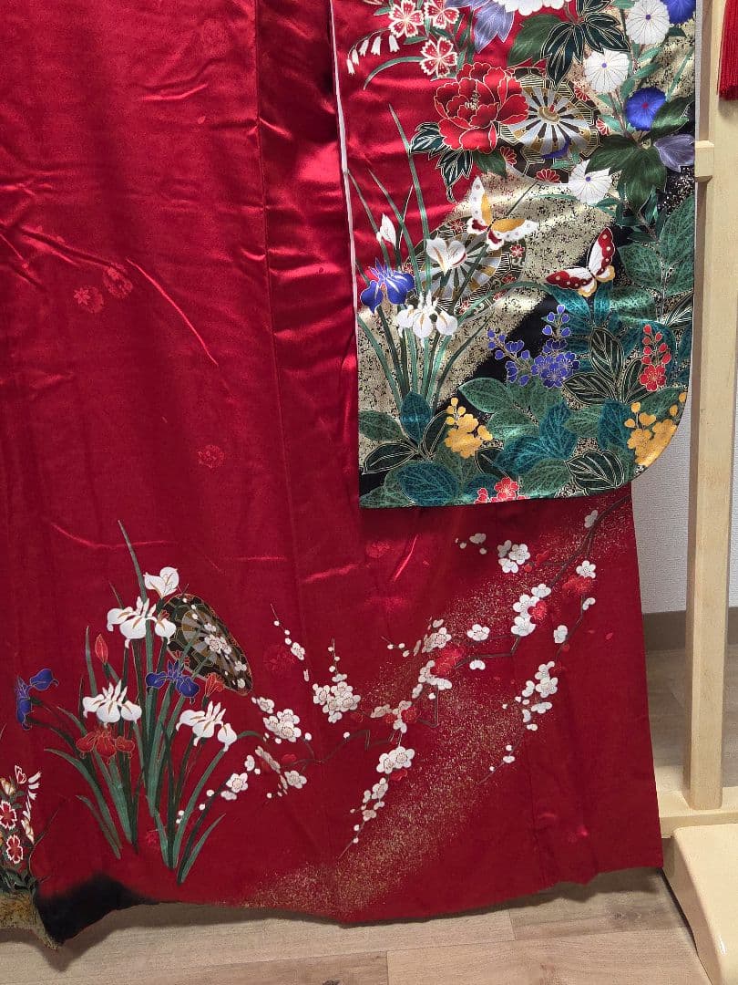 D2 振袖・襦袢セット牡丹の花 金彩 金駒刺繍 袷 正絹 成人式 着物