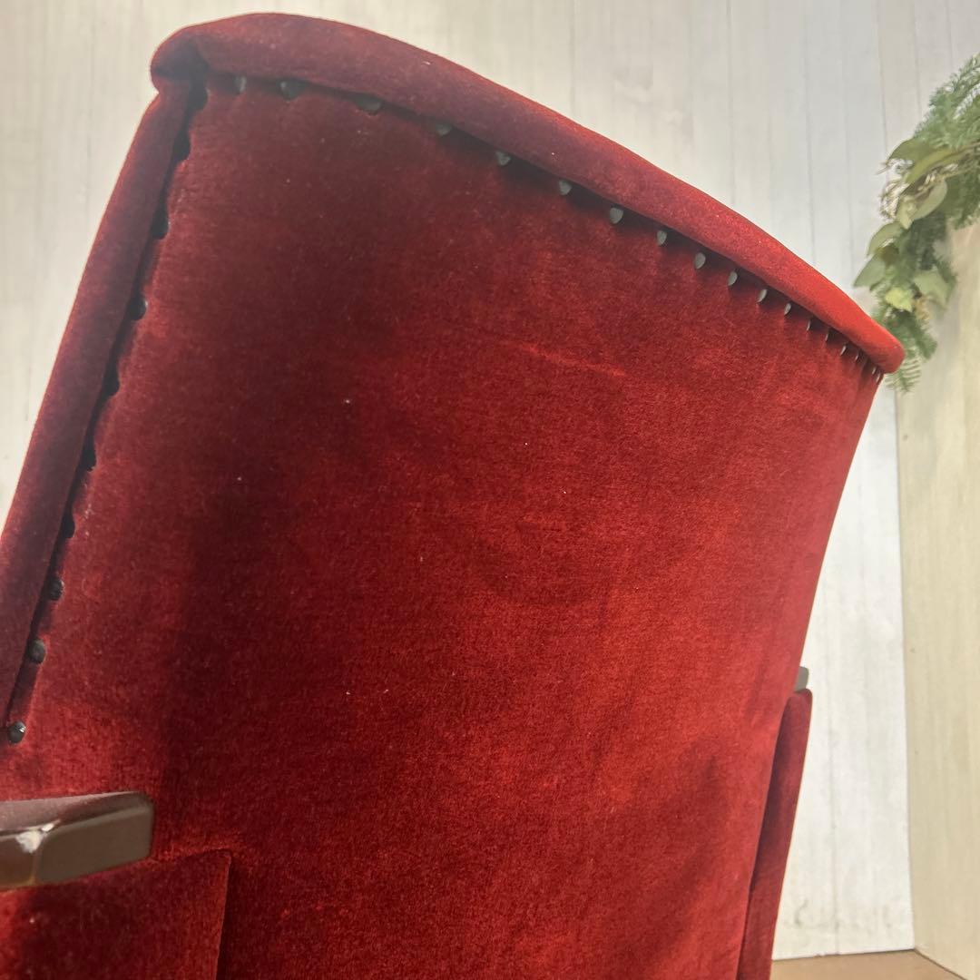 ②昭和レトロ 古家具 一人掛けベロアソファー アームチェア ヴィンテージ 赤