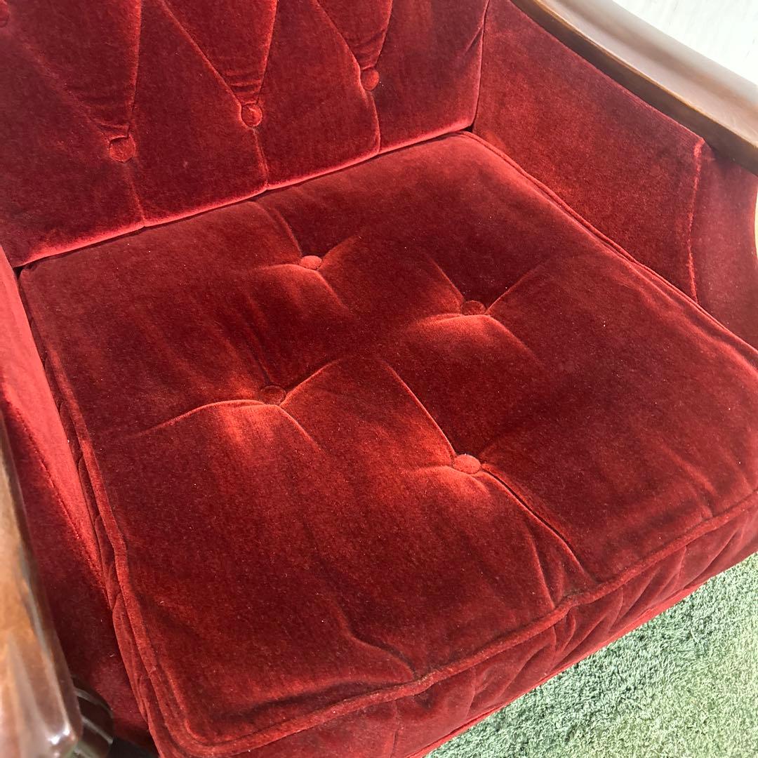 ②昭和レトロ 古家具 一人掛けベロアソファー アームチェア ヴィンテージ 赤