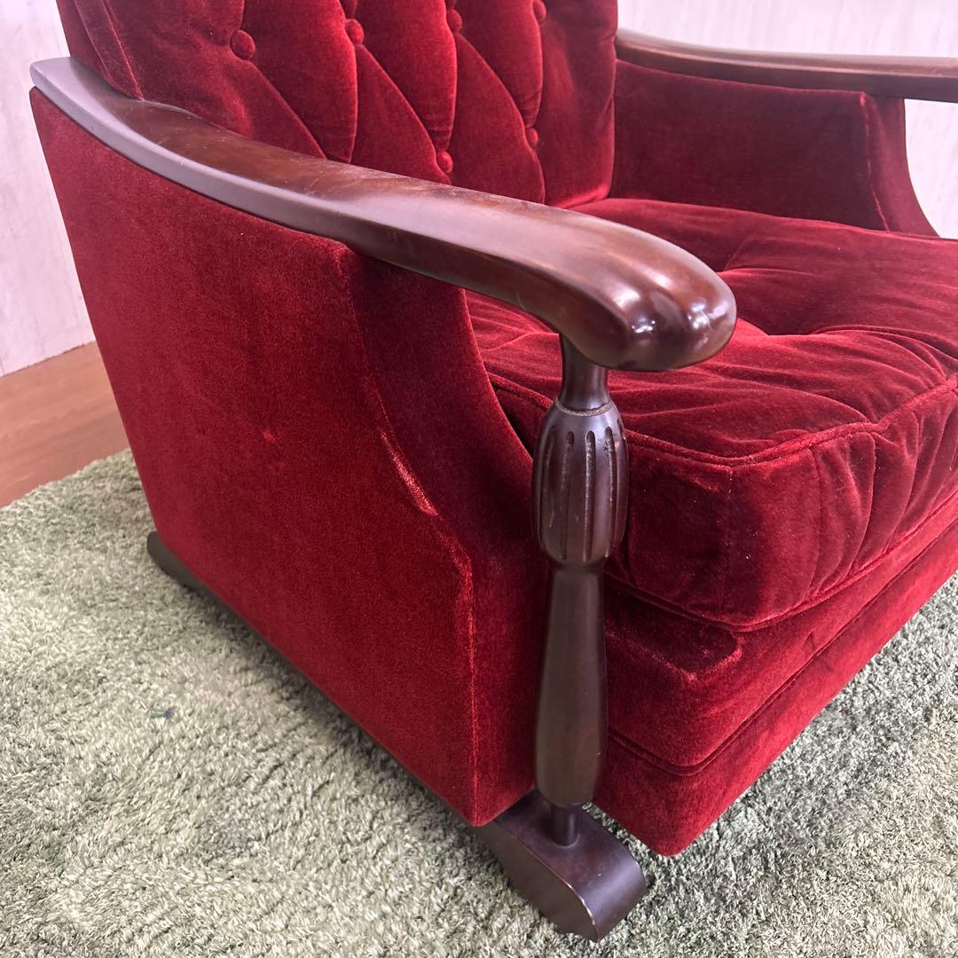 ②昭和レトロ 古家具 一人掛けベロアソファー アームチェア ヴィンテージ 赤