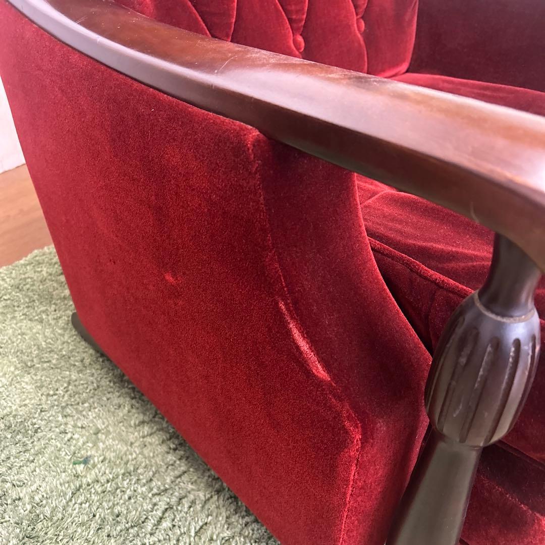 ②昭和レトロ 古家具 一人掛けベロアソファー アームチェア ヴィンテージ 赤