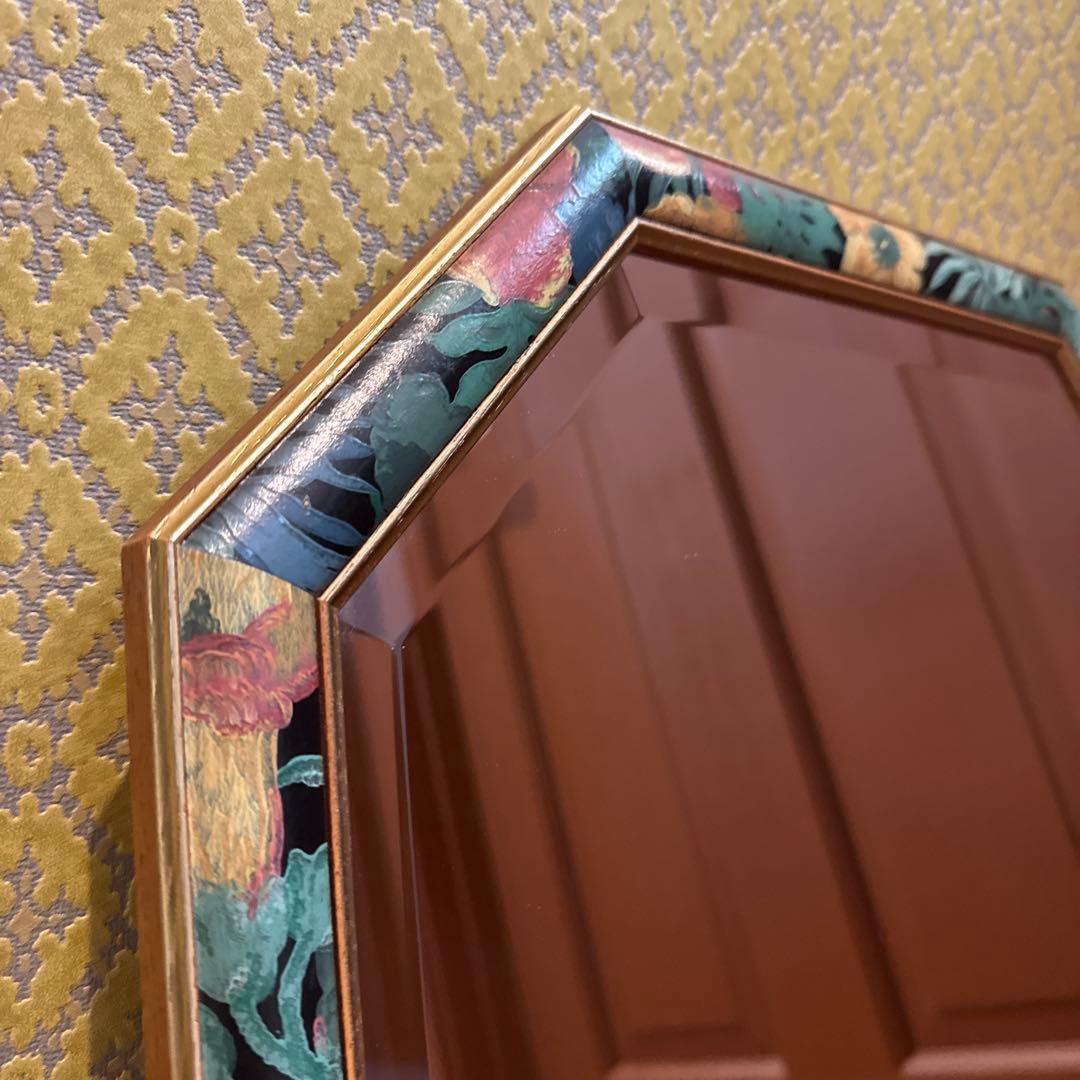 美品 イタリア製 フラワー オクタゴンシェイプ ウォールミラー シャビー