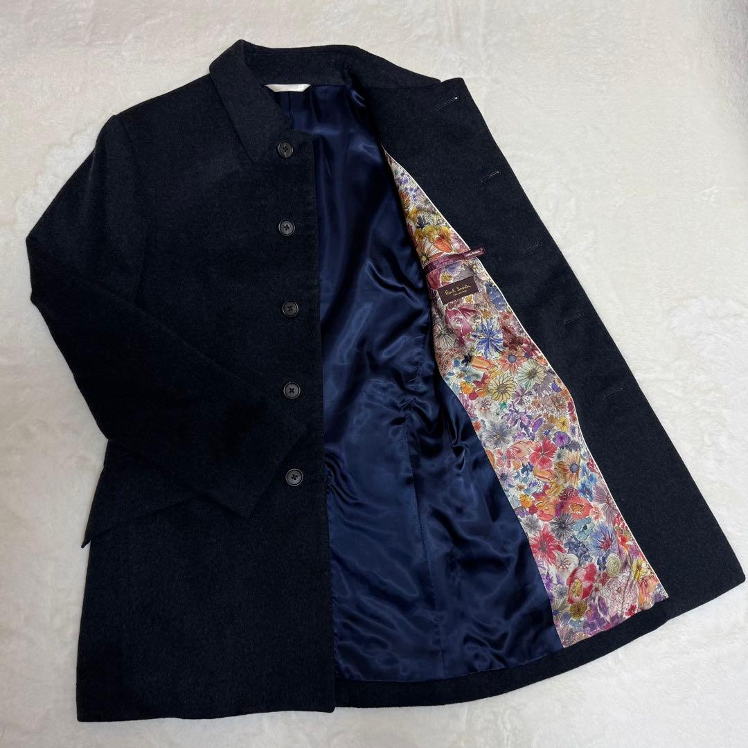【美品】ポールスミス　ステンカラーコート　ミンク・カシミヤ混　花柄　ネイビー　M