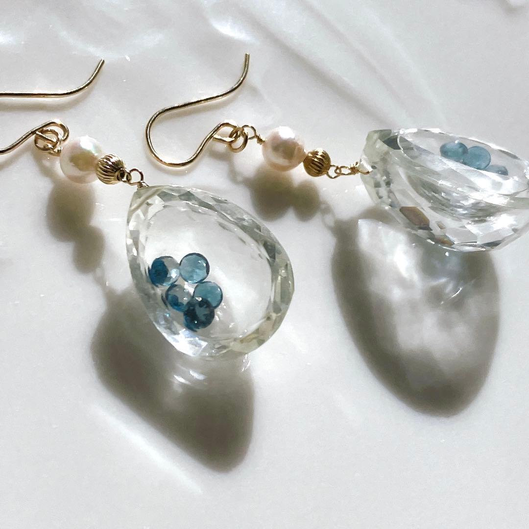 一点物✧水晶/ロンドンブルートパーズ 宝石箱ピアス✧14kgf✧あこや真珠